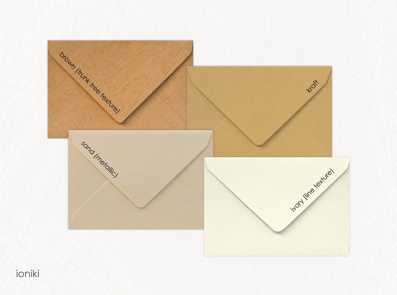 May include: Four different colored envelopes with text labels: brown (trunk tree texture), sand (metallic), kraft, and ivory (line texture).
