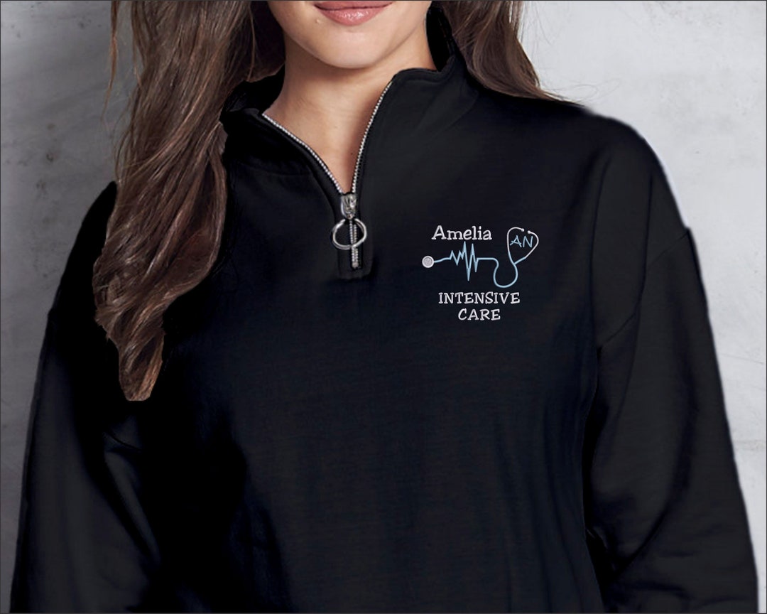 Custom Embroidered Quarterzip Hoodie, Doctor Stethoscope Job Title RN