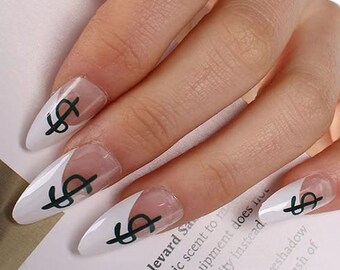 Long Press On Nails / Long stiletto nails / french manicure nails/ dollar sign mid length fake nails