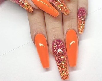 Long Coffin Nails Orange Glitter Nails Glossy Summer Nails Etsy Ireland