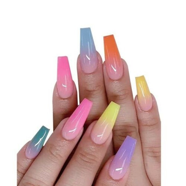 Rainbow colour ombre nails/ Long coffin nails/ press on nails/ Multicolour false fake nails / Summer nails, Ombre effect