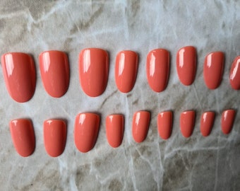 Oval press on nails, short nails, glossy coral pink nails, luxury stick on nails