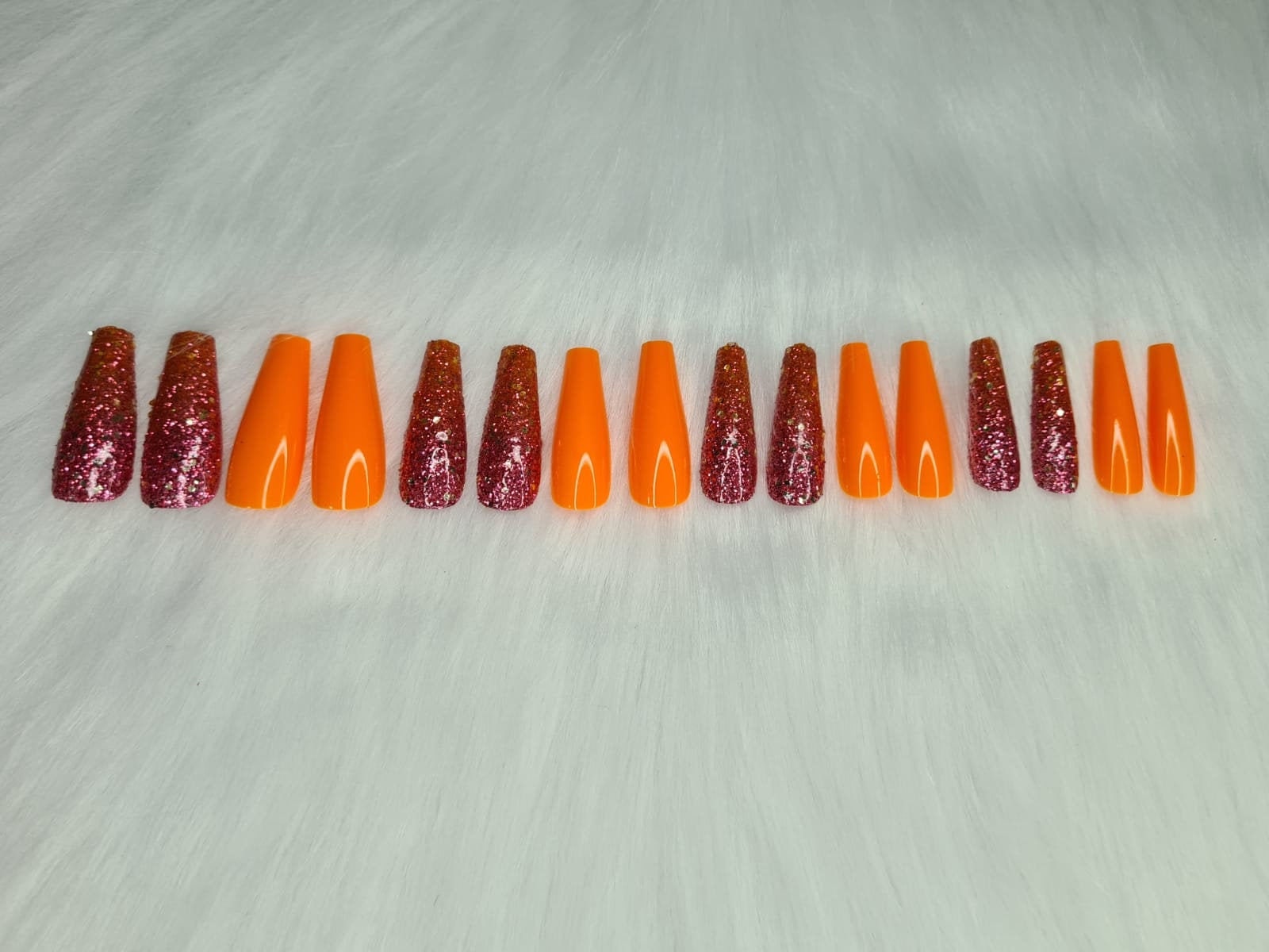 Long Coffin Nails Orange Glitter Nails Glossy Summer Nails Etsy Uk