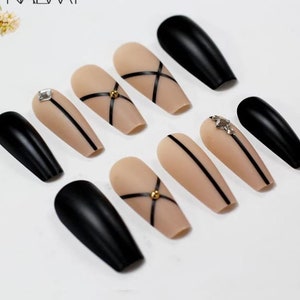 Matte nude nails / Medium long coffin nails/ press on nails/ matte black natural ballerina fake nails / long coffin nails / luxury nails Nails and 2g Glue