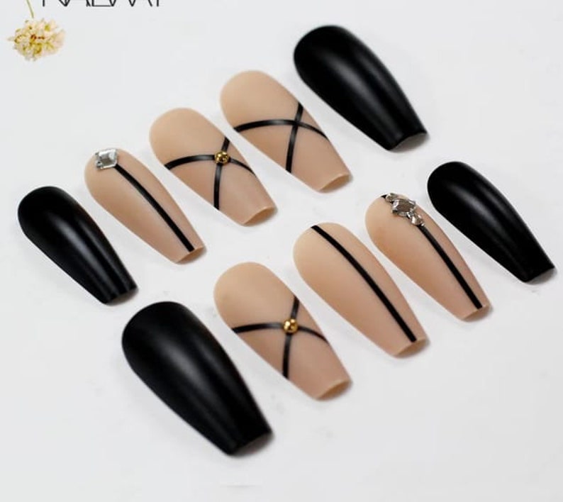 Matte nude nails / Medium long coffin nails/ press on nails/ matte black natural ballerina fake nails / long coffin nails / luxury nails Nails and 2g Glue