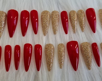 Valentines Press On Nails , Long stiletto nails, pointed red nails , red glitter fake nails, Christmas nails