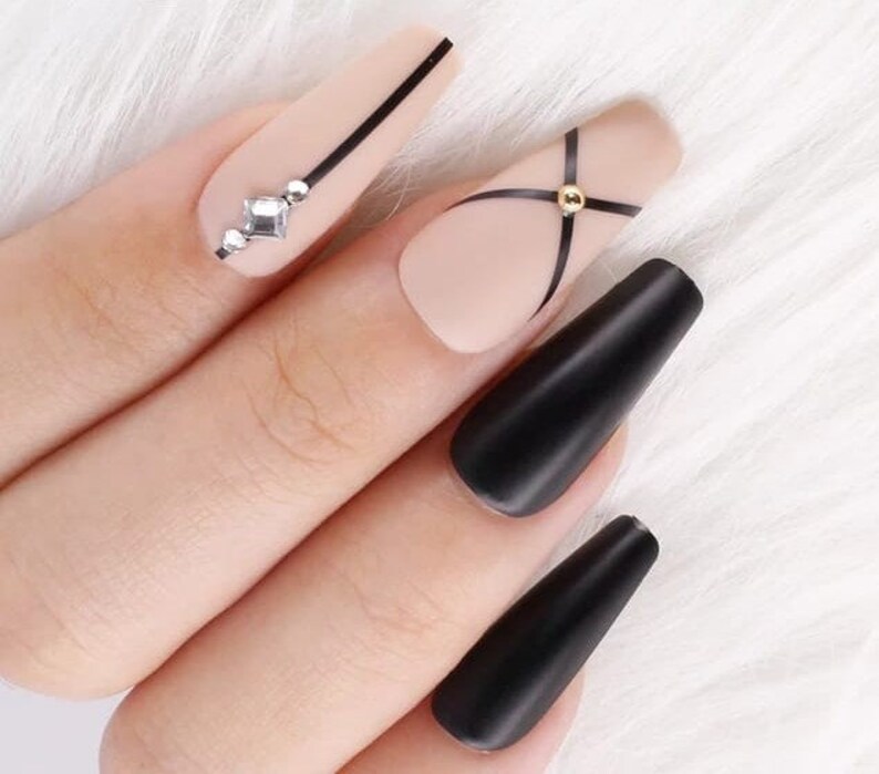 Matte nude nails / Medium long coffin nails/ press on nails/ matte black natural ballerina fake nails / long coffin nails / luxury nails Nails