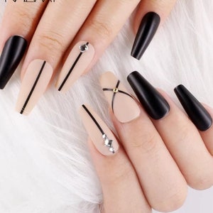 Matte nude nails / Medium long coffin nails/ press on nails/ matte black natural ballerina fake nails / long coffin nails / luxury nails image 2