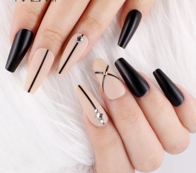 Matte nude nails / Medium long coffin nails/ press on nails/ matte black natural ballerina fake nails / long coffin nails / luxury nails image 2