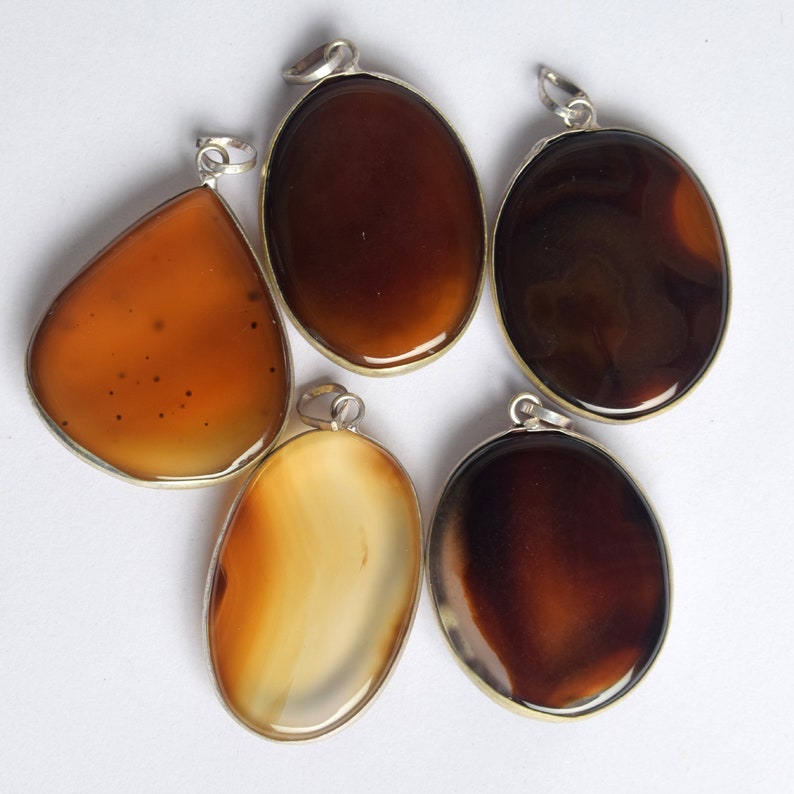 5 Pcs Earth Day Sale Gemstone Beautiful Natural  Smoky Gray Color Onyx Mixed Shape Cabochon German Silver Pendant With Free Chain 100 Ct