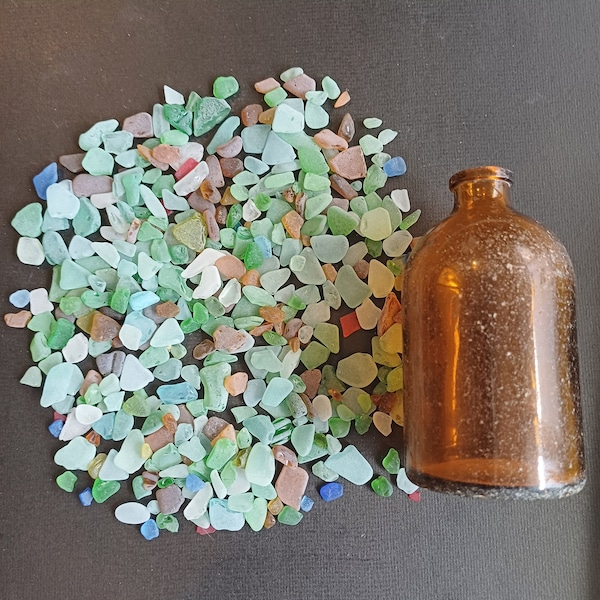 Sea washed medicine bottle from Okinawa, filled with tiny multicolor sea glass