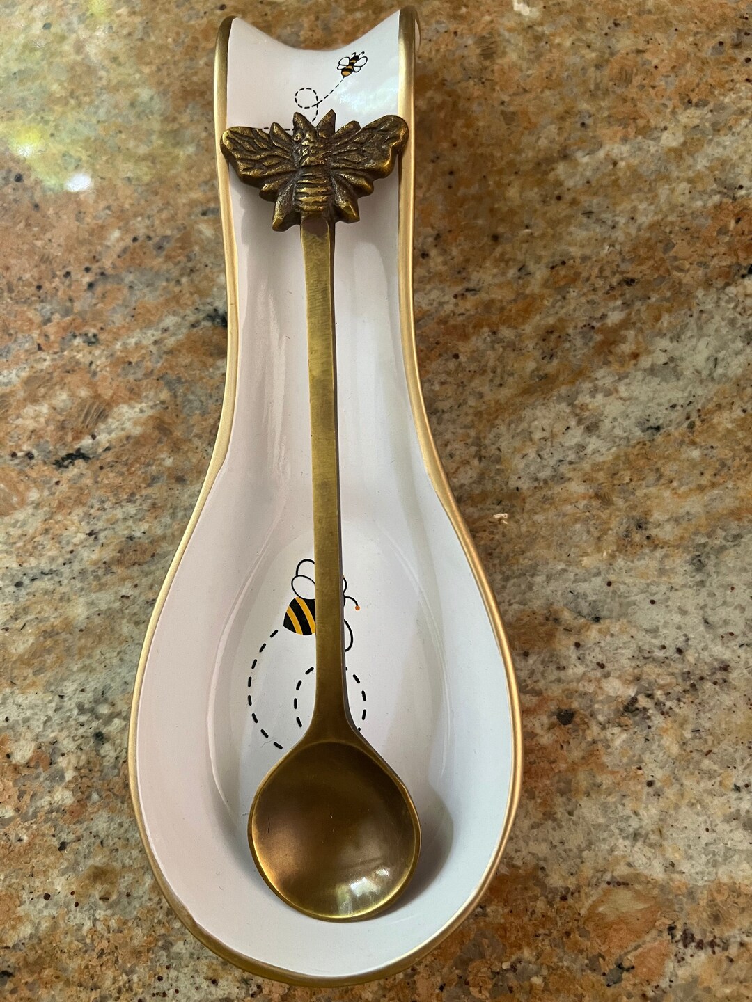 Bee Design Spoon Rest With Custom Designed Brass Spoon. Cream Colored ...