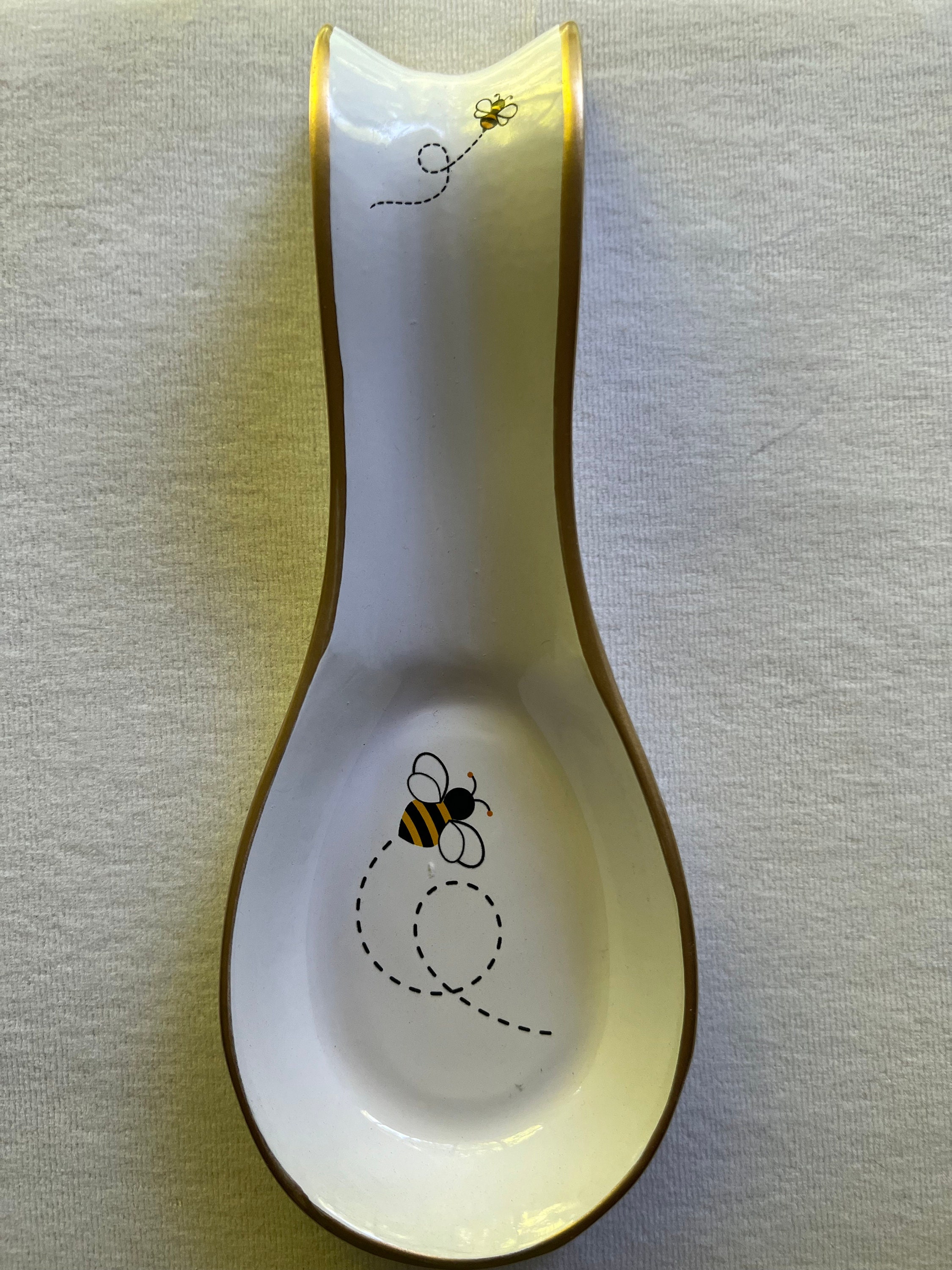 Bee Design Spoon Rest With Custom Designed Brass Spoon. Cream Colored ...