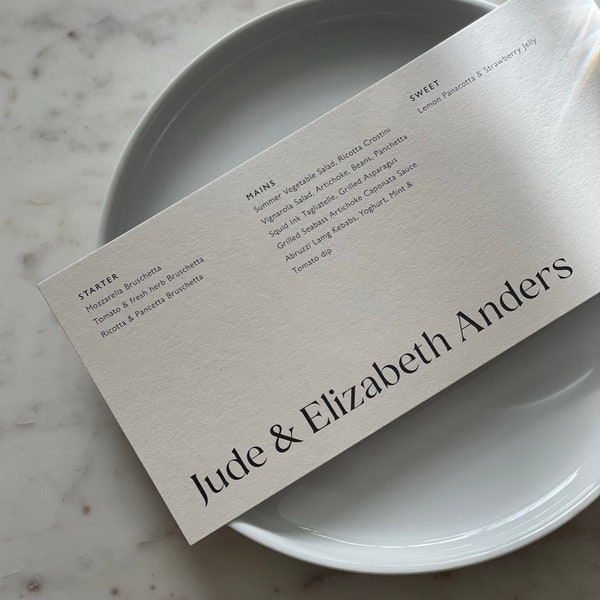 Horizontal Typographic Menu Card for On The Day/Table Wedding Stationery in a colour of your choice - Review Listing