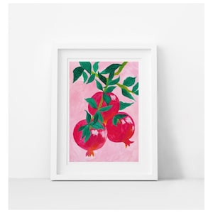 Une grenade dans son arbre, impression botanique, peinture botanique, art botanique, affiche rose, affiche de fruits, impression de fruits, fruits, affiche A3