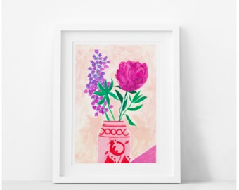A SPANISH VAISELLE, floral print, pink print, floral art, bouquet print, A3 pink print, A3 floral print, pink flower, vase, still life art