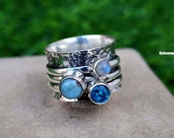 Blue Topaz Ring, Larimar Ring, Moonstone Ring, Handmade Ring, 925 Sterling Ring, Gemstone Ring, Pretty Ring, Spinner Ring, Beautiful Ring