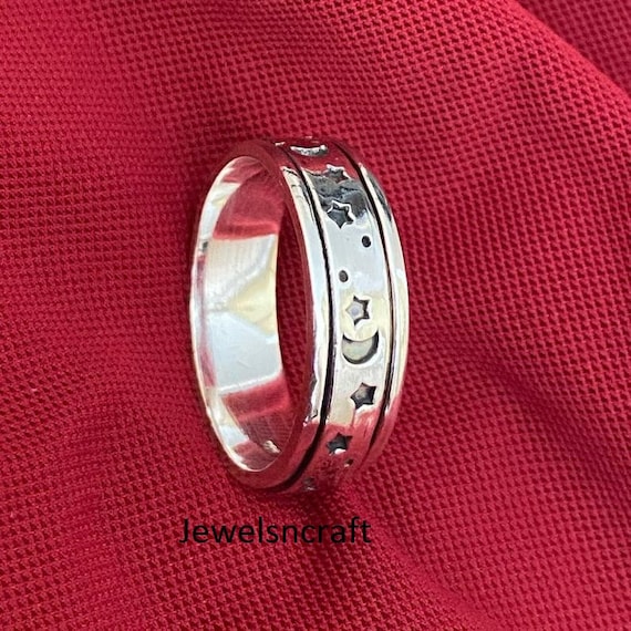 Boho Spinner Band Ring for Men and Women Moon & Stars Engraved Ring Stress Relieving Meditation Ring