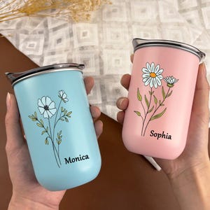 Vaso de agua personalizado, taza de flores de nacimiento con nombre personalizado, propuesta de dama de honor, regalo de despedida de soltera, regalo de boda, vaso de vino de acero inoxidable con tapa