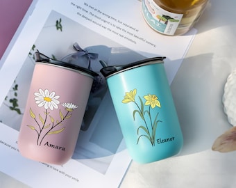 Personalized Birth Flower Tumbler: Custom Name Stainless Steel Cup