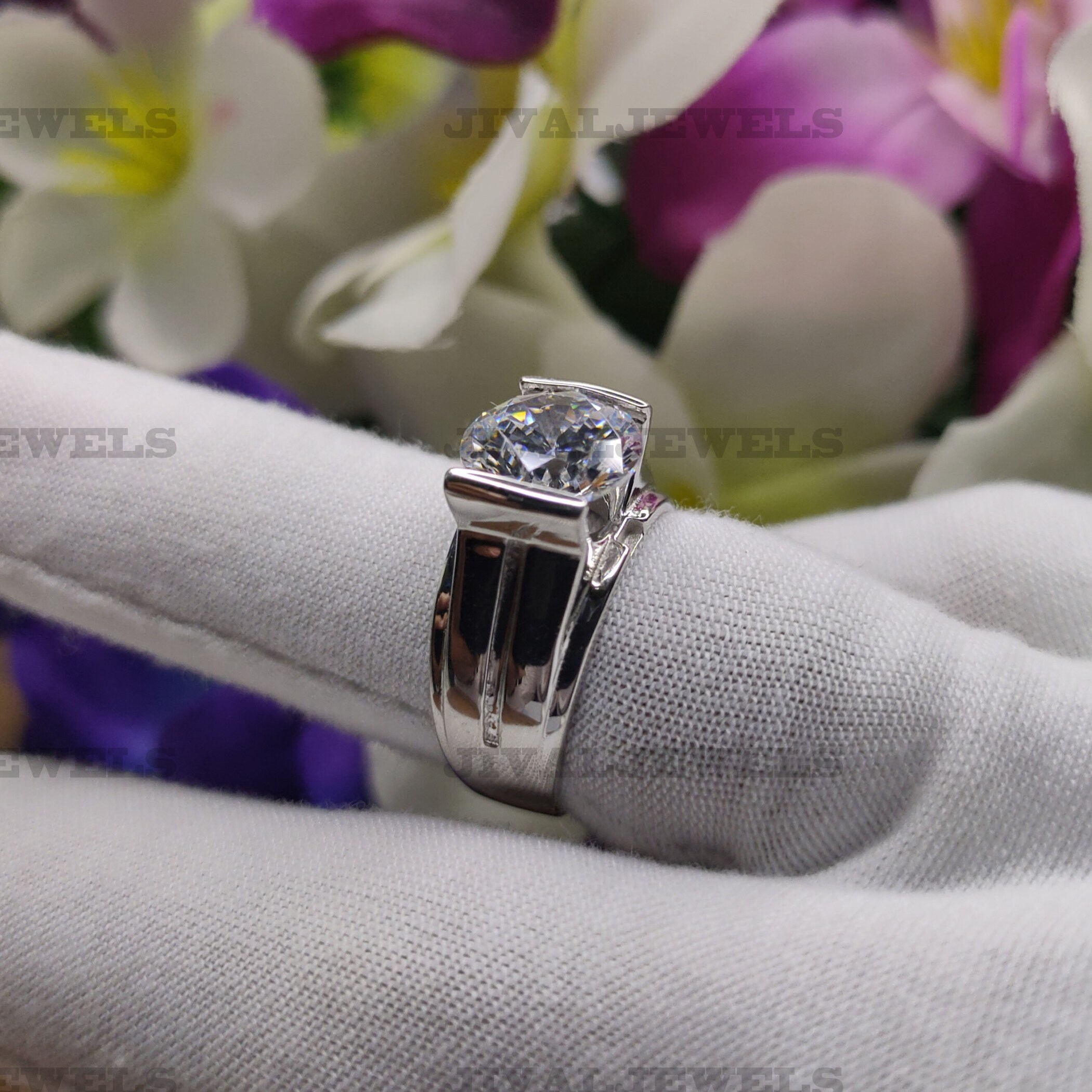 10MM White Round Lab Diamond Ring Half Bezel Set Ring 925 Etsy