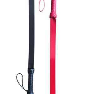 May include: Two leather whips, one black and one red, with braided handles and straps.