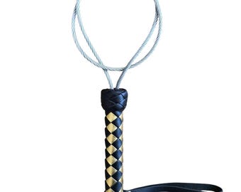 Flogger de cable de acero pesado de 19 pulgadas, mango de cuero trenzado, hecho a mano.