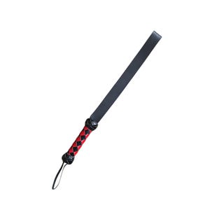 May include: A black leather whip with a red and black braided handle.