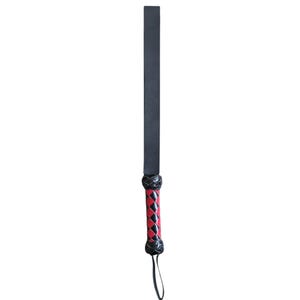 May include: A black leather paddle with a red and black braided handle. The paddle is long and flat, with a rounded end.
