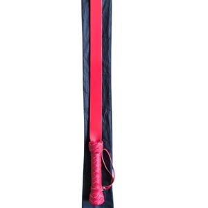 May include: A red leather paddle with a braided handle, in a black carrying bag.