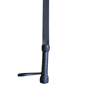 May include: A black leather whip with a braided handle and a strap.