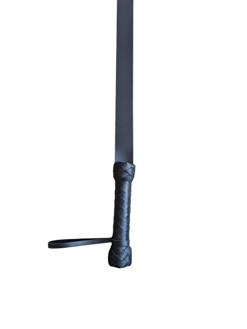 May include: A black leather whip with a braided handle and a strap.