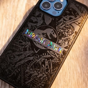 Jurassic Park Wood Phone Case: Abalone Inlay, Dinosaur Engraved