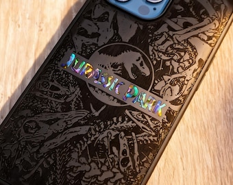 Jurassic Park Wood Phone Case: Abalone Inlay, Dinosaur Engraved