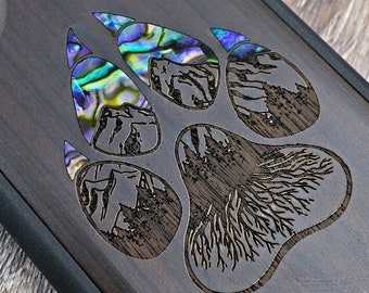 Engraved Wood Phone Case: Wolf Print, Abalone Inlay