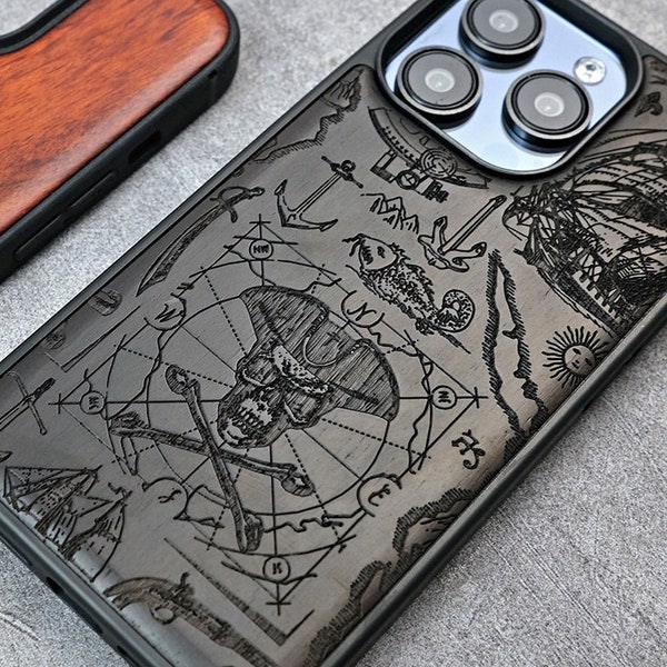 Pirate Map Case, Wood Phone Case, Personalised iPhone Case, Samsung Case, Google Pixel Case - Magsafe Case, Engraved iPhone 15/15 Pro Max