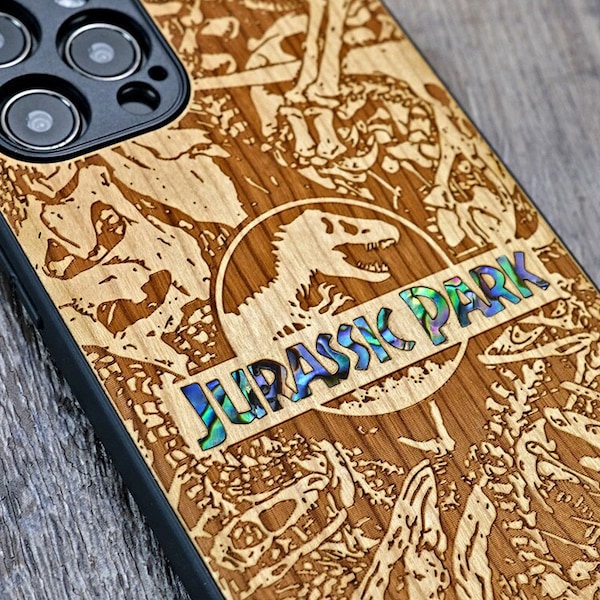 Logo Jurassic Park, étui en bois de dinosaure, incrustation d'ormeau, gravures personnalisées, iPhone Samsung Google Pixel - étui Magsafe, cadeau personnalisé