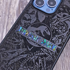 Jurassic Park, coque en bois pour iPhone 16 Pro Max 15 Pro 14 13 12, Samsung S25 S24 S23 S22 S21 Ultra, coque pour Pixel 9 Pro XL 8a 7 Pro, incrustation d'ormeau