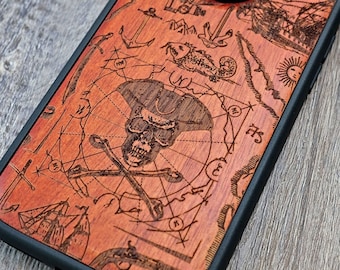 Engraved Pirate Map Wood Phone Case: iPhone, Samsung, Pixel