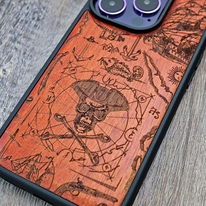 Pirate Map Art, Holz iPhone 16 Pro Max 15 Pro 14 13 12 11 Hülle, Samsung S24 S23 S22 S21 Ultra, Pixel 9 Pro XL 8a 7 Pro Hülle, Abalone Inlay