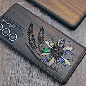 Sunflower Design, Wood iPhone 16 Pro Max 15 Pro 14 13 12 11 Case, Samsung S24 S23 S22 S21 Ultra, Pixel 9 Pro XL 8a 7 Pro Case, Abalone Inlay