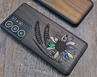 Sunflower Abalone Inlay Wood Phone Case: iPhone, Samsung, Pixel
