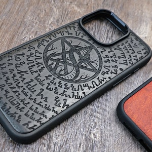 Witchy Pentagram Snake Wood Phone Case: Handmade Esoteric Design