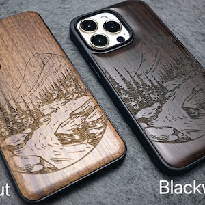 River Adventure, Wood iPhone 16 Pro Max 15 Pro 14 13 12 11 Case, Samsung S24 S23 S22 S21 Ultra, Pixel 9 Pro XL 8a 7 Pro Case, Abalone Inlay