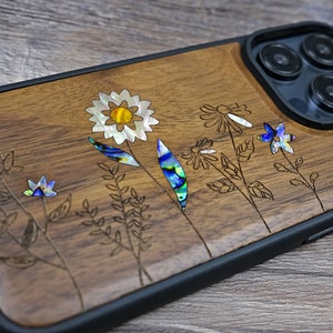 Wildflowers Case, Wood iPhone 16 Pro Max 15 Pro 14 13 12 11 Case, Samsung S24 S23 S22 S21 Ultra, Pixel 9 Pro XL 8a 7 Pro Case, Abalone Inlay