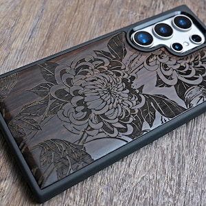 Custodia in legno con fiori in fiore per iPhone 16 Pro Max 15 Pro 14 13 12 11, Samsung S24 S23 S22 S21 Ultra, Pixel 9 Pro XL 8a 7 Pro, intarsi in abalone