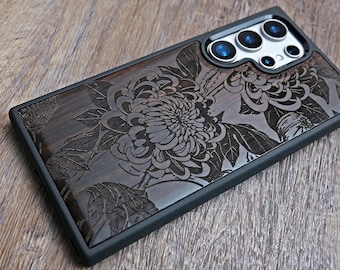 Engraved Wood Flower Phone Case: iPhone, Samsung, Pixel