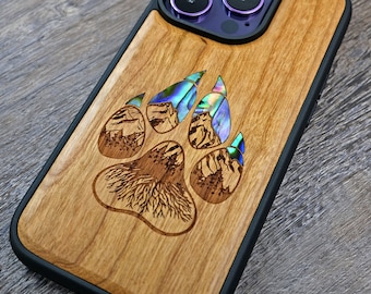 Engraved Wood Bear Paw Print Phone Case with Abalone Inlay