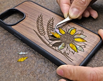 Sunflower Abalone Inlay Wood Phone Case: Engraved Floral Art