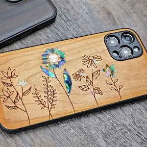 Wildflowers Design, Wood iPhone 16 Pro Max 15 Pro 14 13 12 11 Case, Samsung S24 S23 S22 S21 Ultra, Pixel 9 Pro XL 8a 7 Pro, Abalone Inlay